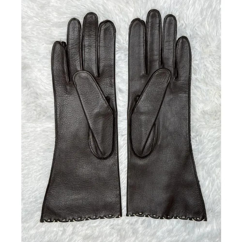 1970s Brown Deerskin Leather Gloves Contrast Whipstitch Size 7